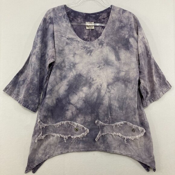 Cottonseed Casual Medium Gray Purple Tie Dye Fish Boho Gauzy Cotton Blouse - Picture 1 of 10